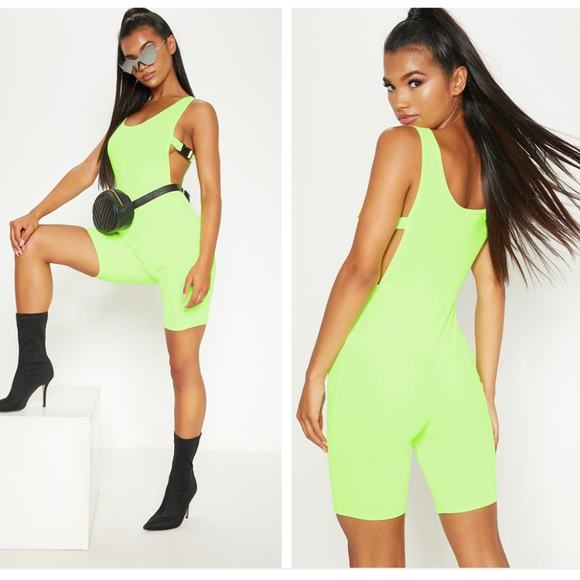 PrettyLittleThing Pants - Pretty Little Thing Lime Scoop Neck Buckle Side Unitard romper